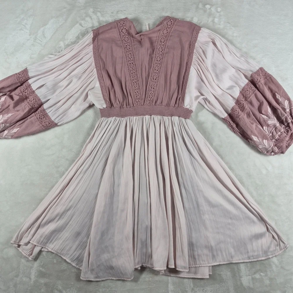 Free People Mauve Swoon Mini Dress Women's‎ XS Pink Boho Embroidered Lace Casual